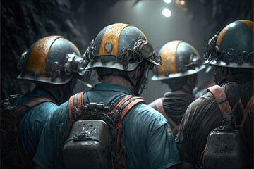 A group of miners in helmets standing in a mine. Generative AI
