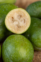 Delicious sweet and sour green feijoa on the table