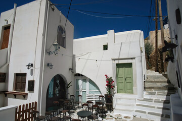 View of a small picturesque bar in the center of the village in Ios Greece