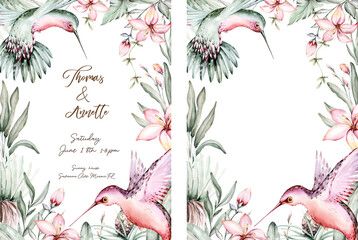 Tropical watercolor birds hummingbird, monkey and jaguar, exotic jungle plants palm banana leaves flowers, flamingo baby shower wedding invitation background