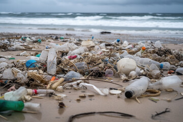 Plastic waste and debris along ocean shore - Generative AI
