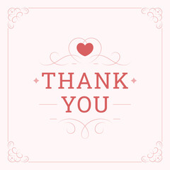 Thank you romantic card pink heart swirl curved ornate vintage design template vector