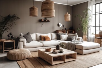 cozy living room with natural lighting. Generative AI