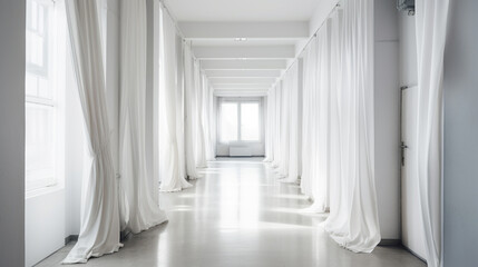 Bright white hall, white curtain Generated AI