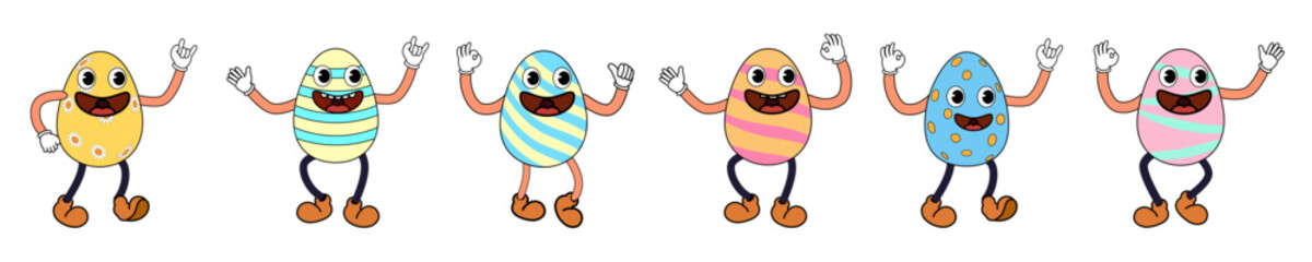 Vintage Easter egg groovy cartoon style, Happy Easter. Characters egg