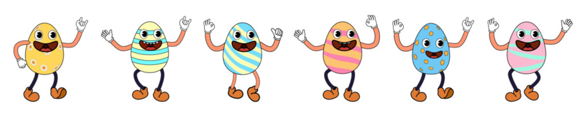 Obraz premium Vintage Easter egg groovy cartoon style, Happy Easter. Characters egg