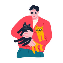 Portrait of young man holding black and ginger cats in his hands. Person carrying kittens. Vector flat illustration isolated on a white background