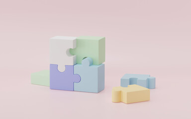 3D render, 3D illustration. jigsaw puzzle pieces on pink background. Problem-solving, business connecting, cooperation, partnership concept.