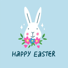 Happy Easter greeting card with cute Rabbit and flowers.