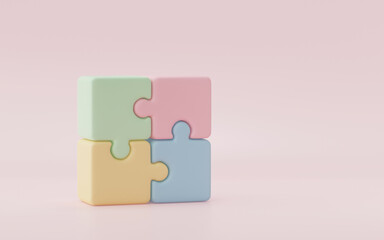 3D render, 3D illustration. jigsaw puzzle pieces on pink background. Problem-solving, business connecting, cooperation, partnership concept.