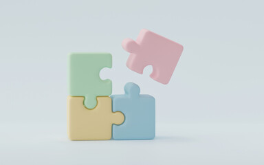 3D render, 3D illustration. jigsaw puzzle pieces on blue background. Problem-solving, business connecting, cooperation, partnership concept.