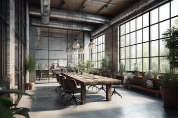 Plakat spacious room with a long wooden table as its centerpiece. Generative AI