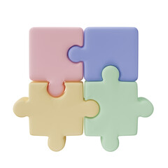 Obraz premium 3D jigsaw puzzle pieces isolated on transparent background. Problem-solving, business connecting, cooperation, partnership concept.
