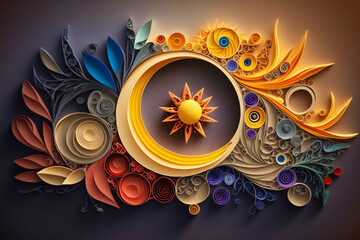 abstract paper quilling space, spacetime and constellations, stars and planets. Creative and beautiful patterns of celestial bodies. Sun, moon, earth. Generative AI