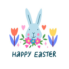 Happy Easter greeting card with cute Rabbit and flowers.