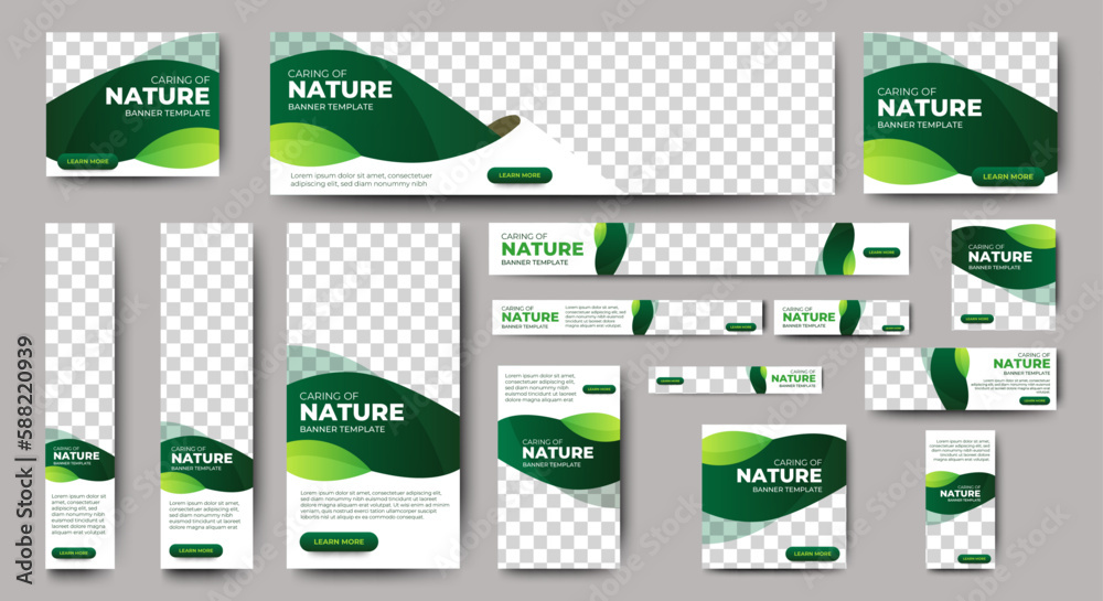 Wall mural nature banner design web template set, horizontal header web banner. modern gradient green cover hea