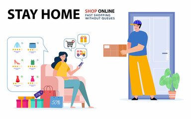 Woman sitting on the sofa and ordering products, concept of stay home shop online, free home delivery.