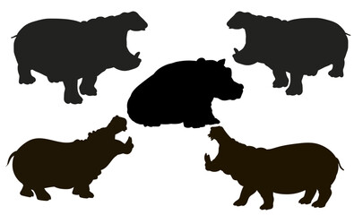 In the animal world. An image of an African hippo. Black and white flat pattern, silhouette. Vector drawing.