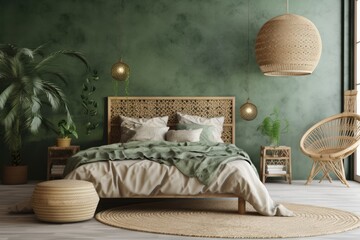 serene bedroom with rattan bed and green walls. Generative AI