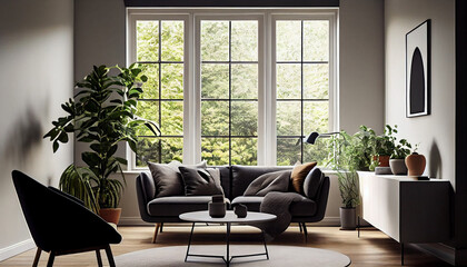 modern, minimalist living room interior, featuring large windows that flood the space with natural light, and clean linescreating an atmosphere of simplicity, functionality, and comfort  generative ai