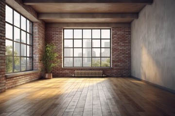 Illustration of an empty room with a brick wall and large windows. Generative AI