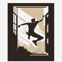 An athlete performing parkour jump buiding to a window