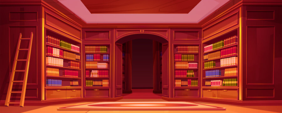 Cartoon library interior with bookshelf vector background. Wooden ladder near bookcase on carpet at home illustration. Empty librarian storage with shelf in university for education and reading.