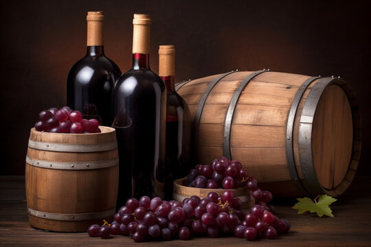 Wine beverage concept. Purple grapes, wooden wine barrel, wine bottles, and wine glass placed on wooden table with copy space. Rural and grunge style. Generative AI