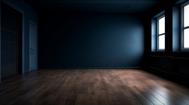 blank Dark blue wall in an empty room with a wooden floor. front view. Generated AI