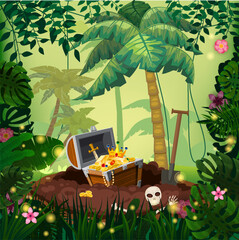 Tropical Treasure Island Pirate chest full of gold coins, gems, crown, sword, digging hole. Jungle tropical forest