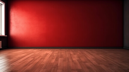blank red wall in an empty room with a wooden floor. front view. Generated AI