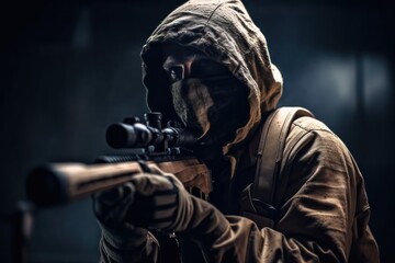 Fototapeta na wymiar Sniper standing with rifle, generative AI