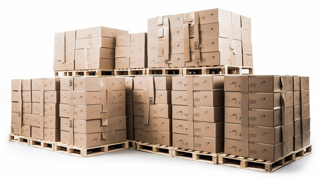 cardboard boxes stacked on industrial shipping pallets isolated on white Generated AI