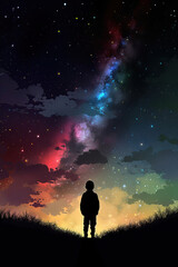 an illustration of a lonely boy looking at the stars, colorful night sky, Generative AI