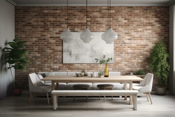 Illustration of Dining room with rustic brick wall and wooden table. Generative AI