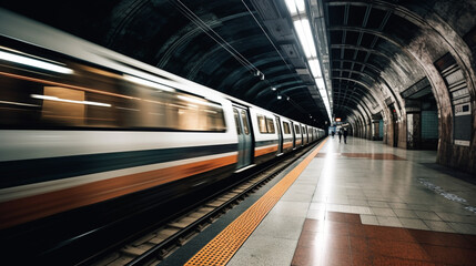 metro train in subway underground tunnel station platform with motion blur effect Generated AI