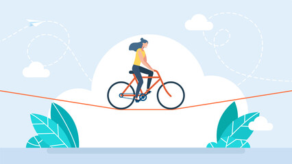 Businesswoman is riding a bicycle on rope. Acrobat, performer, challenge concept. Young woman acrobat circus artist riding on bike on rope over blue sky. Confidence skill success. Vector illustration © Yurii