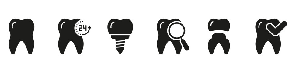 Orthodontic Procedure and Diagnostic Silhouette Icon Set. Tooth Health Checkup. Dental Protection and Prevention Glyph Pictogram. Dental Treatment Sign. Dentistry Symbol. Isolated Vector Illustration