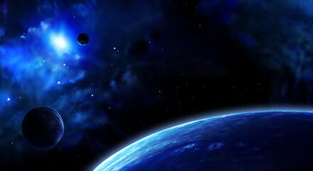 Fototapeta na wymiar Horizontal galaxy banner. A beautiful space scene with sun, planets and nebula