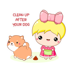 Clean up after your dog. Cute little girl with plastic bag cleaning up her puppy's excrement. Cleaning up dog droppings. Vector illustration EPS8