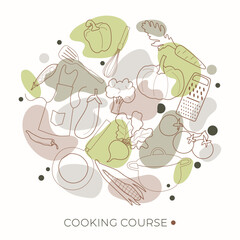 Hand drawn healthy food and doodle style kitchen tools. Vegetables and kitchen utensils vector illustration. Cooking food. The concept of healthy food. A perfect template for cooking courses, delivery