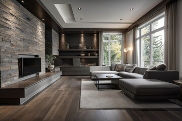 Fototapeta na wymiar cozy living room with a fireplace, a sofa, and an armchair. Generative AI