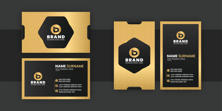 Luxury golden and black color business card design horizontal and vertical vector template