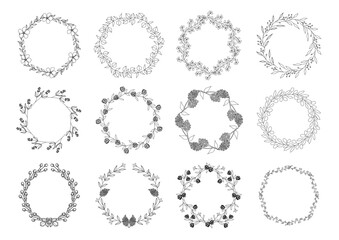 花や葉っぱのシンプルで可愛いボタニカルリース、アイコン素材、ベクター、黒線