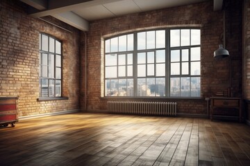 Illustration of an empty room with natural lighting and a rustic brick wall. Generative AI
