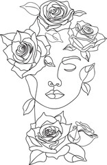 Line art girl face with roses