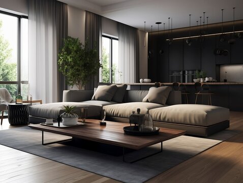 Interior design of modern apartment, living room with sofa and coffee tables. crate usig generative AI