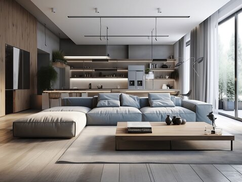 Interior design of modern apartment, living room with sofa and coffee tables. crate usig generative AI