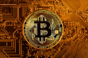 Bitcoin Concept. Golden Bitcoin on Intricate Circuit Board Background Symbolizing the Digital Economy and Blockchain Innovation. Image made using Generative AI.