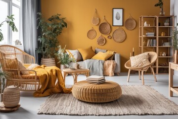 cozy living room with warm yellow walls and comfortable wicker furniture. Generative AI